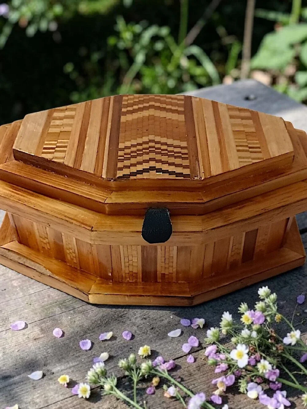 Vtg Straw Bamboo Inlaid Marquetry Trinket Jewelry‎ Box Wood Velvet Tramp Boho